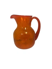 Vintage Blenko Handmade Glass 543 Pitcher in Orange Crackled Glass