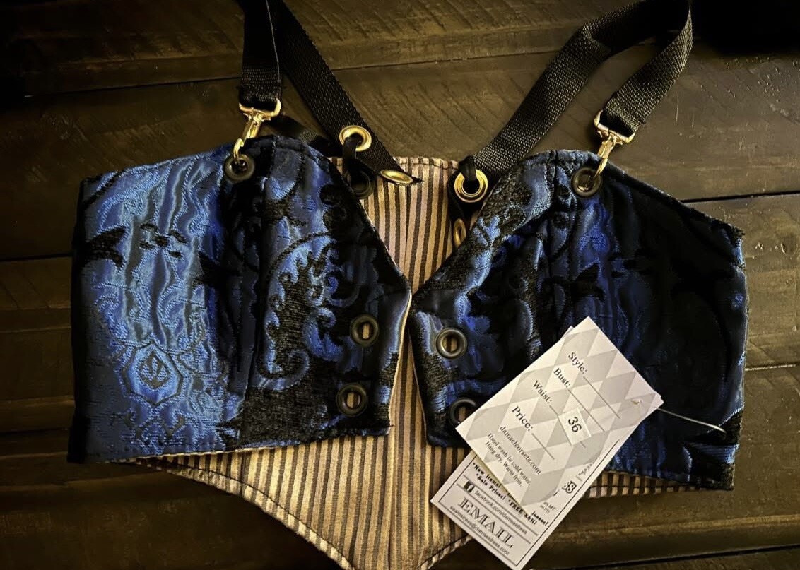 Damsel In This Dress (DiTD) Cropped Overbust Corset- Black & Blue Medallion  -36 | eBay
