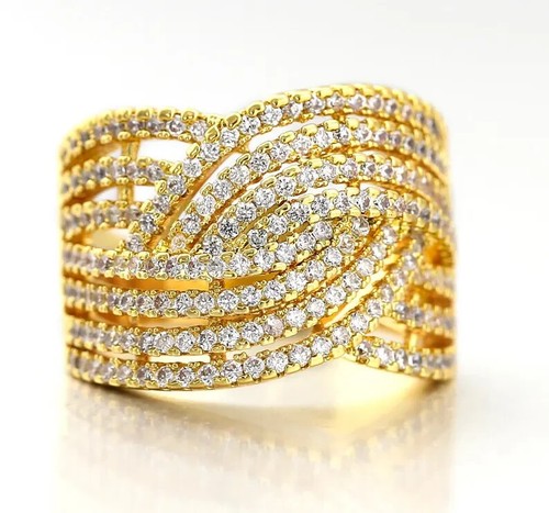 Luxury 10K Yellow Gold Over Statement Ring, Cross Knot Chunky Ring, Diamond Ring - Picture 5 of 6