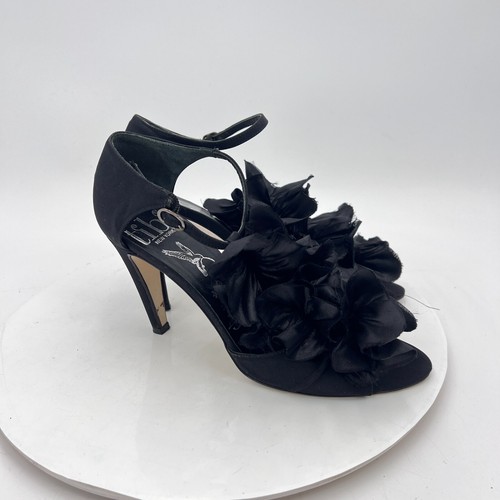 Lavorazione Artigiana Women Shoes Size 7B Black Leather Floral Satin Heel Sandal - Picture 4 of 12
