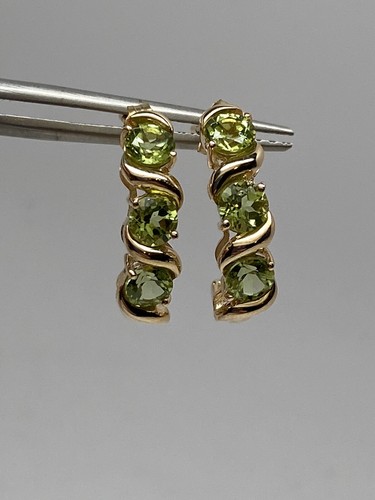 10K Yellow Gold Natural Round Peridot Gemstone J Hoop Stud Earrings NEW