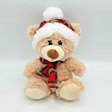 Hug Fun Plush Teddy Bear Red Plead Hat Scarf 8" Tan Christmas Bear