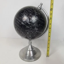 Black Version Globe World Map w/Chrome Metal Base. 13.5” Tall, 6" Dia. Base