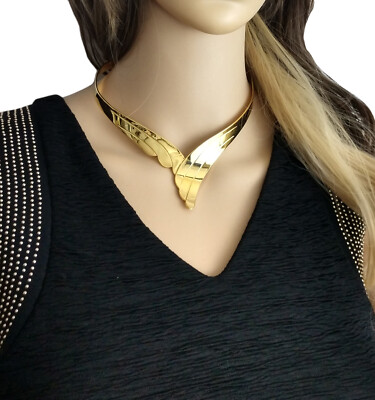 Gold Tone Stylized Feather Torque Collar Necklace For Women One