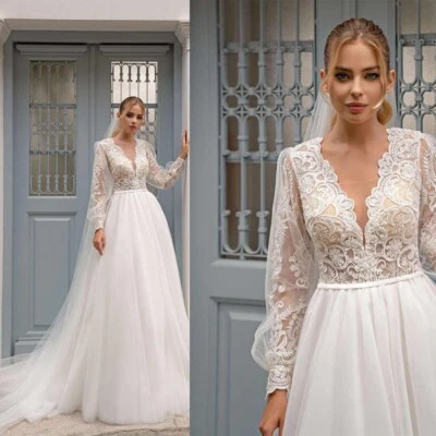 Brautkleid Hochzeitskleid V-Ausschnitt Langarm Weiß Ivory Maßgeschneidert 38 40 - Bild 1 von 4