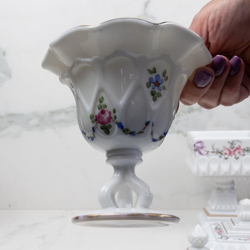VTG Westmoreland Milk Glass Wedding Bride Box Painted Compote Lid Dish Candy Set - Picture 12 of 18