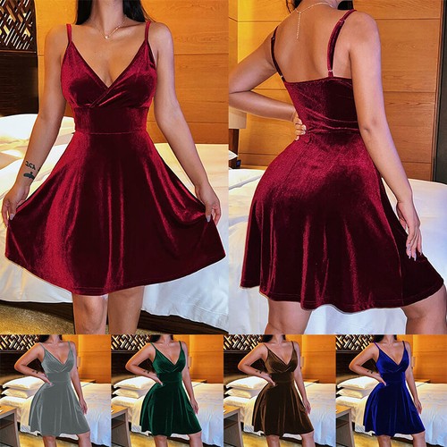 Elegant Velvet Dress For Women Sexy V Neck High Waist A-line Party Tank  Sundress | eBay
