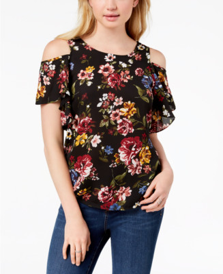 Bcx Juniors' Cold-Shoulder Top in Black Floral, XXS