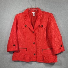 Chico's Crinkle Sheen Shaya Jacket 2 Large Red Pockets 3/4 Sleeve