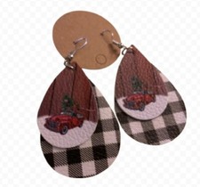 NWT Buffalo Plaid  Red Truck Holiday Christmas Faux Leather Earrings