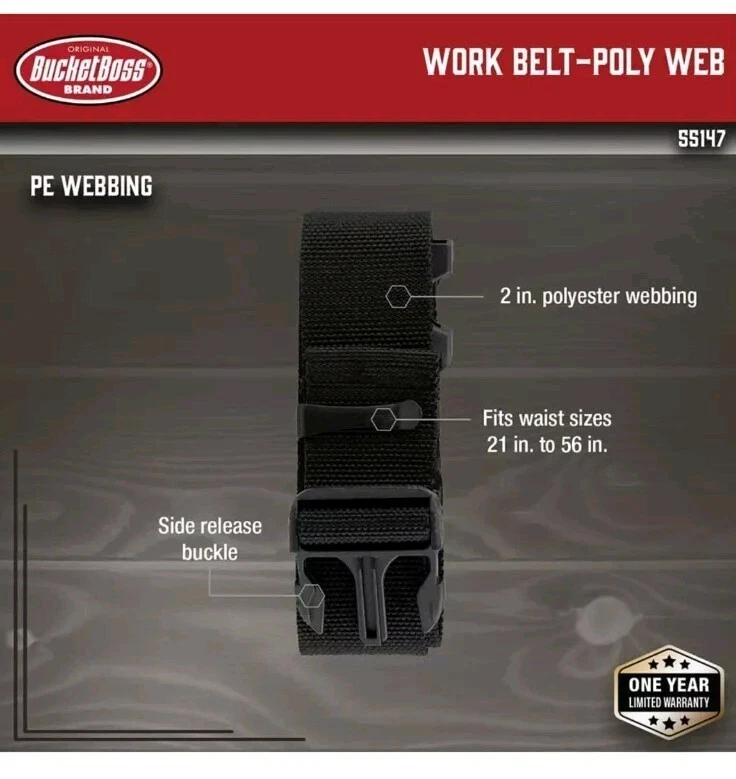 Bucket Boss 2" Wide, Poly Web Work Belt, Model 55147, Fits 21" to 56" Waists - Image 2 of 4