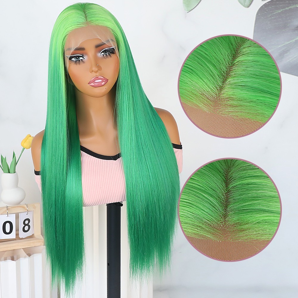Long Straight Two Tone Light Green Ombre Green Hair Wigs Glu