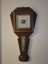 Antique Barometer Thermometer Solid Oak Weather Station Art Deco Working 22" 