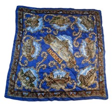 Vintage Roma Italy Silk Scarf   Blue Map Architectural Souvenir
