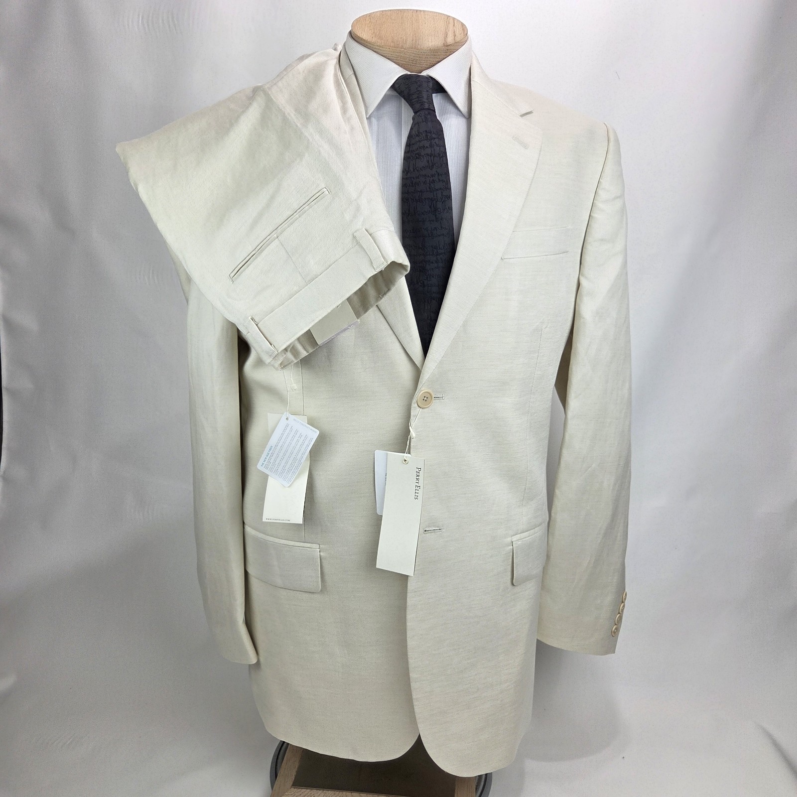 Perry Ellis Mens Suit 42L Ivory Linen Tencel Blend 2 Piece 3
