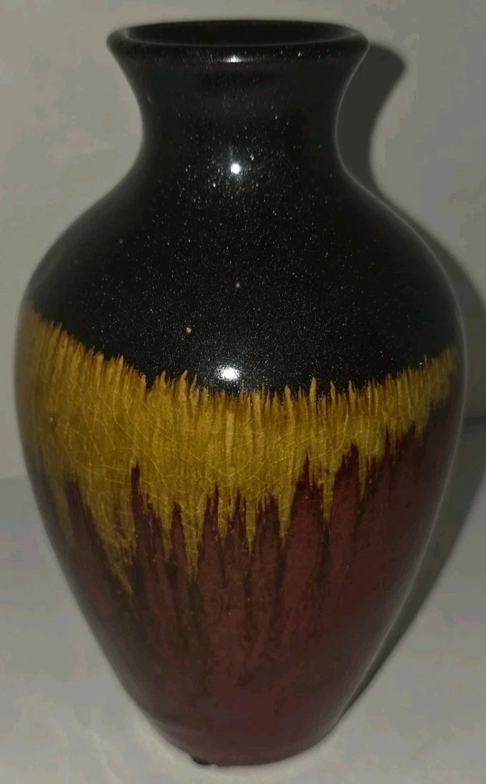 Vintage Hand-Decorated Crackle Glaze Pottery Vase 6" Tall Red & Gold Drip