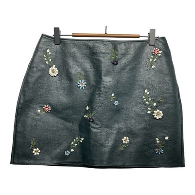Zara Faux Leather Floral Beaded Embellished Mini-Skirt Sz Large Bohemian Grunge