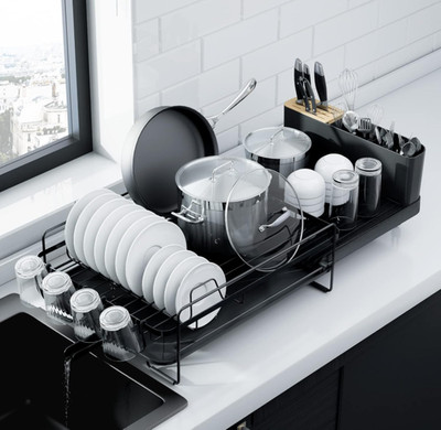 Escurridor de Platos Extensible Grande con Portautensilios y Vasos Negro