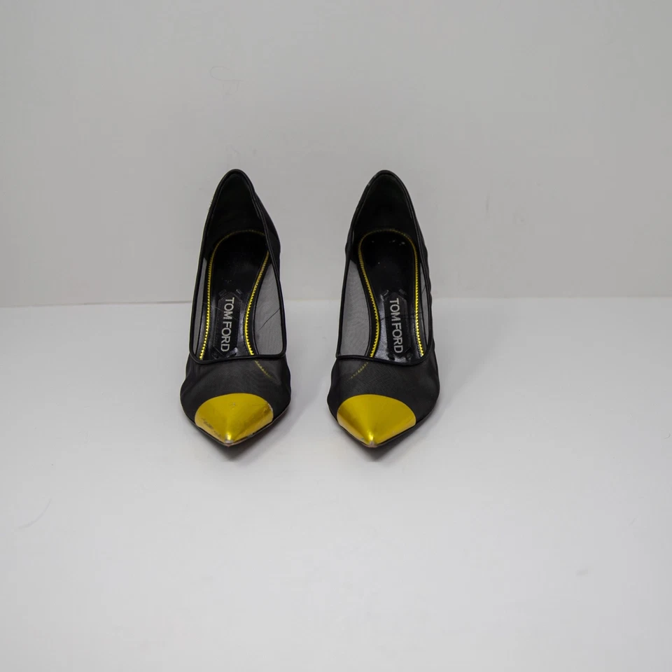 Tom Ford Sheer Mesh Pointed Toe Gold Metallic Cap High Heels Shoes Black 6.5 - Image 2 of 4
