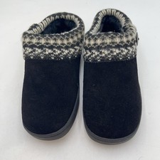 Clarks Slippers Womens Black Leather Knit Clog Fair Isle Faux Fur House Size 9