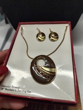 Genuine Crystal Brown Pendant And Earring Set 18 Inch Goldtone 34