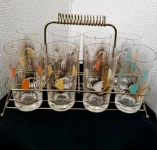 Vintage Federal Glasses Atomic Starburst Glasses Set Of 8 with Stand *READ