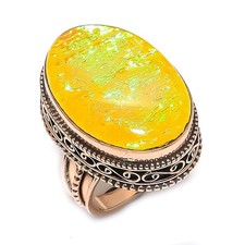 Yellow Triplet Opal Gemstone Handmade Copper Jewelry Ring Size 7.5 R707