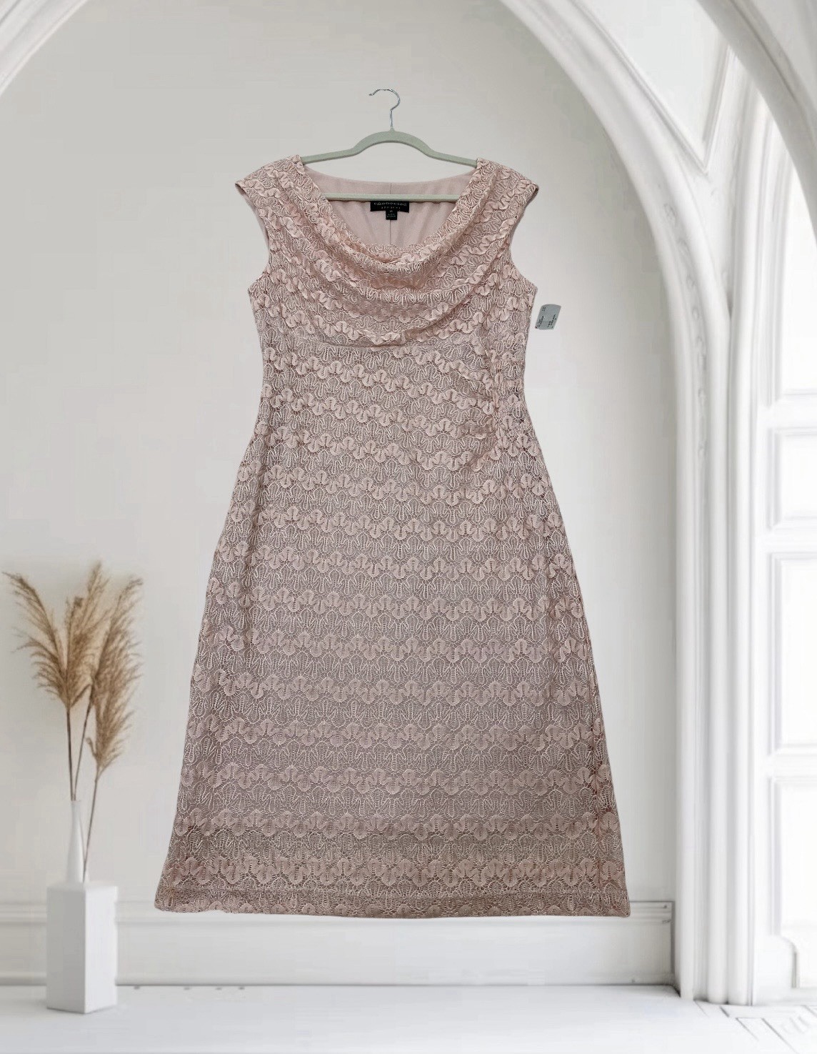 Womens Lace Draped Neck Midi Sheath Dress Size 14 Stretch Blush Pink Summer Chic