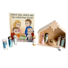 Wooden Nativity Set with Manger and Book, Christmas Decoration and Book for T...