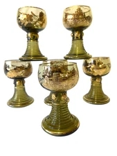 Vintage German Heidelberg Roemer Olive Green Golden Wine Goblets Etched Lot Of 6