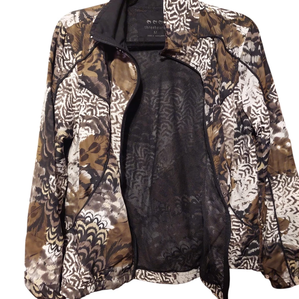 Chaqueta cortavientos Three Hearts para mujer talla M marrón geométrica bolsillos ligeros Foto 3 de 4