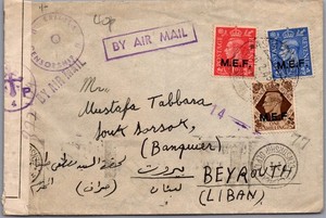 1943 British MEF Army Field Post Office Censored Militar Cover To Beirut Lebanon