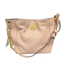 Tory Burch Everly Hobo Bag Shell Pink Pebbled Leather Gold Chain Shoulder Bag OS
