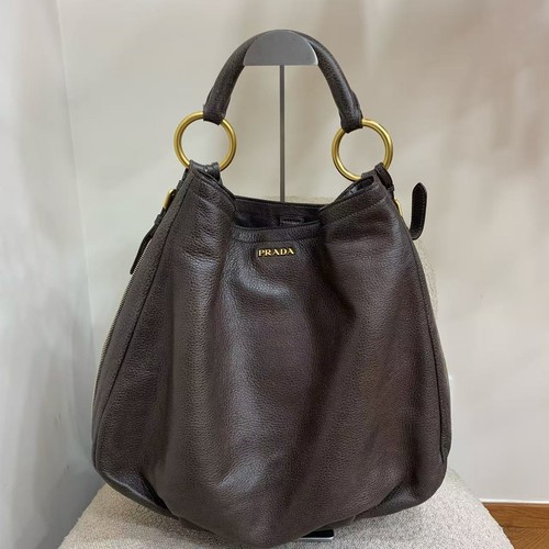 Prada Brown Pebbled Leather Circle Ring Handle Hobo Tote Handbag AUTH