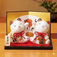 Maneki Neko Juego de 2 Gatos de la Suerte Japoneses Riqueza y Cliente Llamando Gato Cerámica