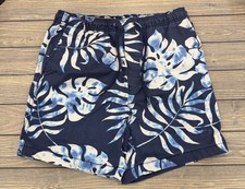 American Eagle Mens S Tropical Print Swim Shorts Navy  White Elastic Waist