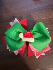 3&rdquo; Layered Christmas Hair Bow Red Green Santa Hat Glitter Ribbon Alligator Clip