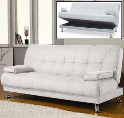 DIVANO LETTO CONTENITORE RECLINABILE ECOPELLE BIANCO CON CUSCINI