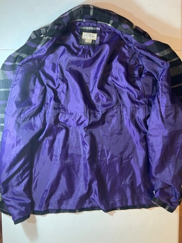 Arizona purple plaid double breasted black button up belted jacket coat L - Picture 3 of 6