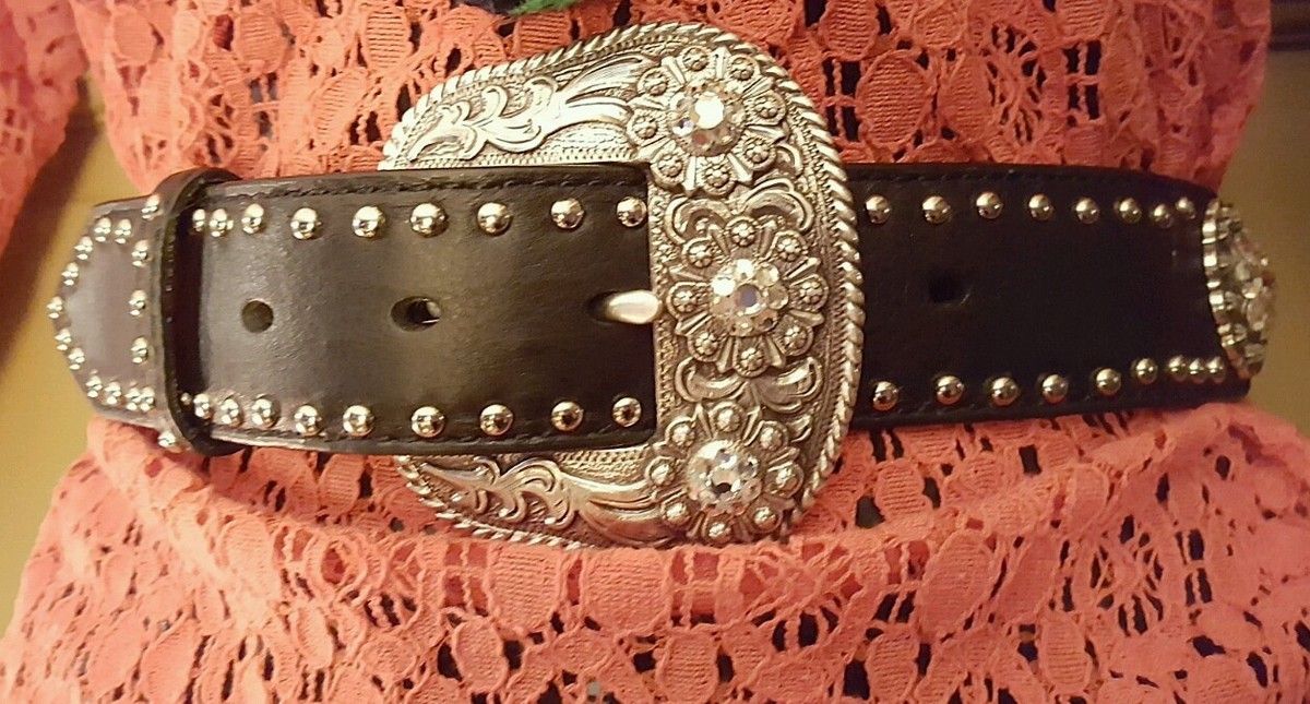 VINTAGE Nocona Black Leather Bling Rhinestone & Conchos Western Belt Size Large Nocona Belt Co. Women main image 2