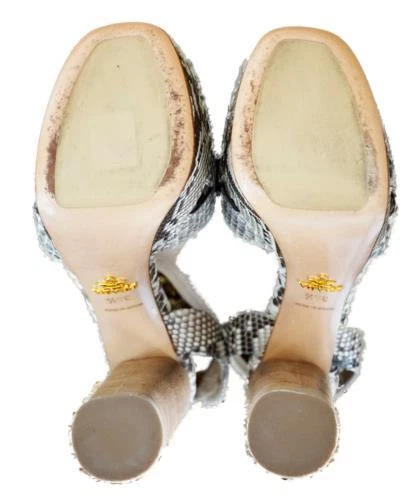PRADA 38.5 Cutout Gray Snake Leather Platform Sandals Stacked Heels 8.5 WORN 1X - Image 2 of 4