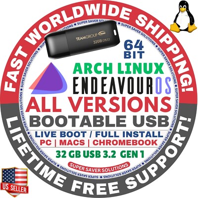 ENDEAVOUROS 2025 LINUX OS / LIVE + FULL BOOT / DVD, USB / 64-BIT / MAC, PC