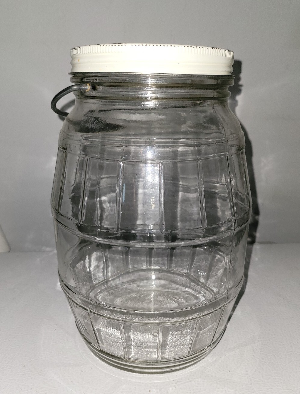 Glass Barrel Jar with Lid Vintage Large Handle Clear Canister 10" eBay