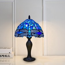 Niebieska lampa stołowa Tiffany styl ważki witraż abażur wielokolorowy