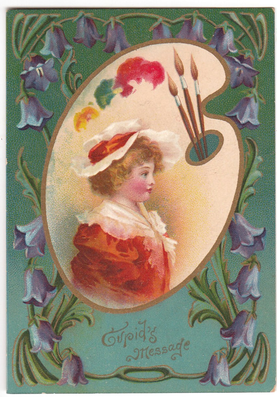 Vintage Flat Valentine Card ~ Paint Palette Motif "Cupids Message" Girl in Red