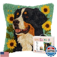 DIY Latch Hook Pillow Kits for Adults Bernese Mountain Dog and Sunflower Prin