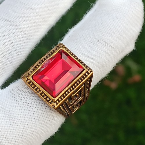 Vintage Men's Ring Massive Royal Red Rhinestone Women Art Deco Gift Statement - Picture 3 of 16