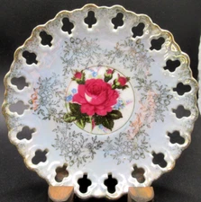 Japan Saucer Iridescent Blue w/ Gold Trim Scallop Edge Clover Cutouts Pink Rose