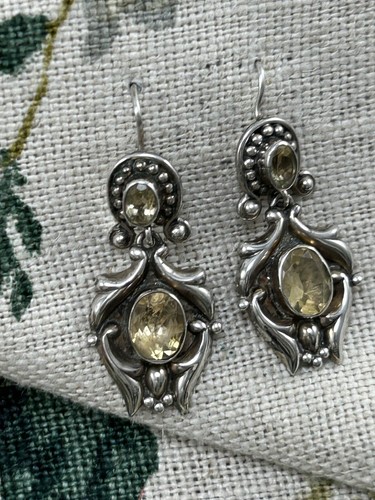 VINTAGE pair 925 silver and CITRINE decorative drop earrings - Picture 3 of 11
