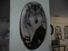 137457 Wolf & Eagle Print Lacquered on Large Wood Slab 22" T X 12"W Made in USA